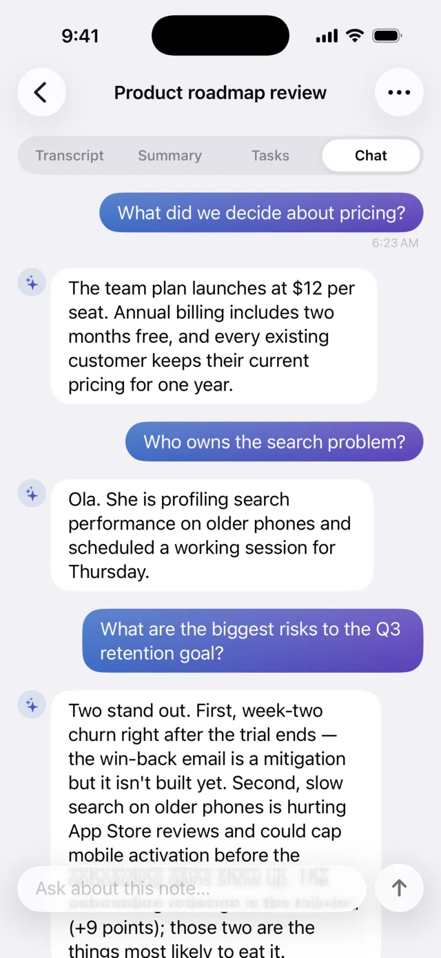 Chat tab answering questions about the recording