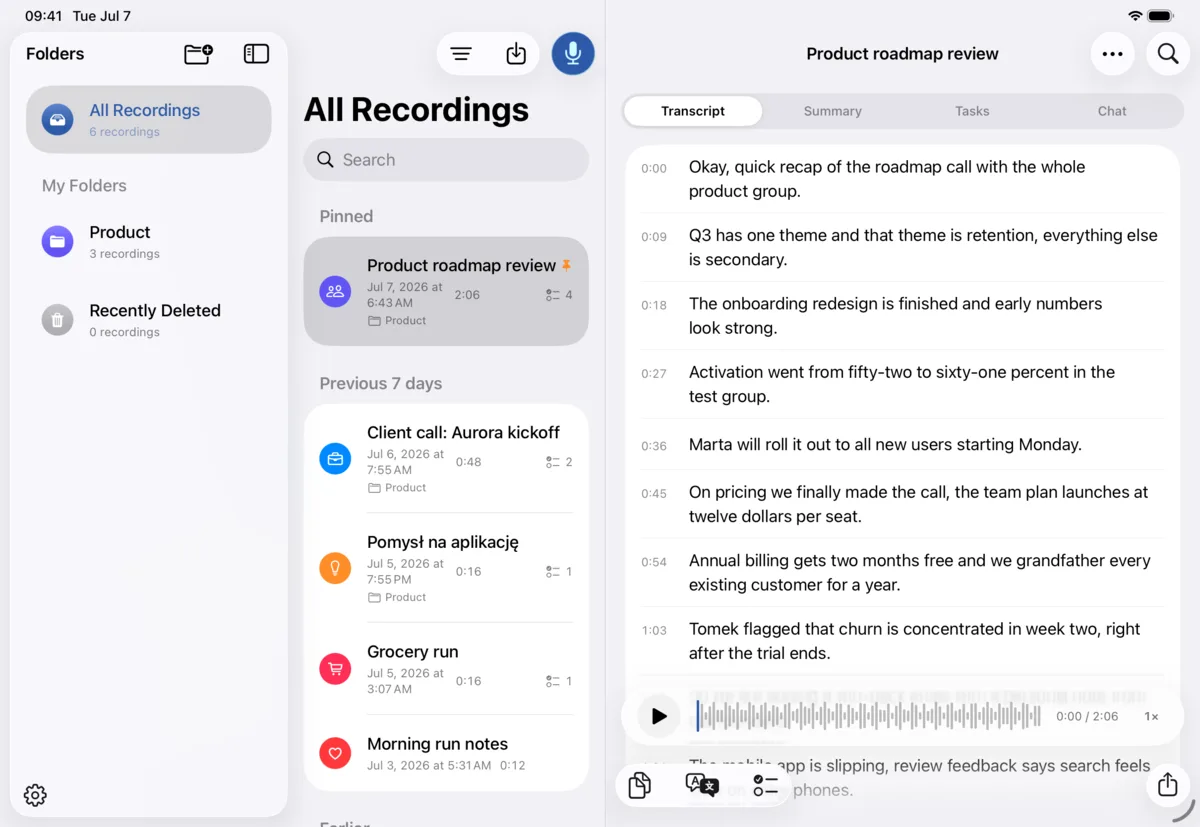Murble on iPad in landscape: folders, note list and the time-aligned transcript in three columns