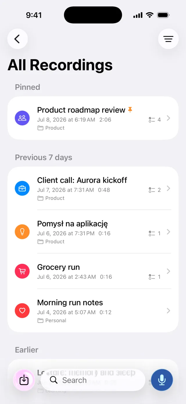 Murble library with pinned voice notes, AI categories and folders