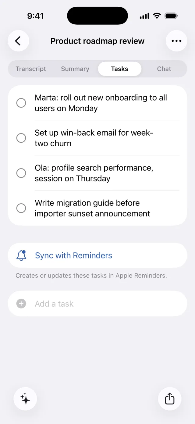 Tasks tab with detected action items and a Sync with Reminders button